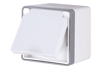 Розетка  1-я П/Г  З/К с крышкой, со шторками /белая/ (WERKEL) (WL15-02-04)