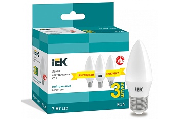 Лампа светодиодная "ИЭК" C35 230В 7Вт E14 4000K свеча (3 шт/упак)