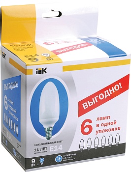 ЛАМПА ЭНЕРГОСБ. "ИЭК"   9Вт свеча Е-14 (2700К) КЭЛР-С "ПРОМОПАК" (6шт) (АКЦИЯ)